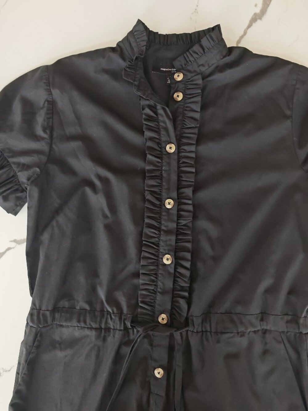 French Connection Black Ruffle Button Front Romper Dress Size 4 | Cinched Waist - Picture 7 of 11